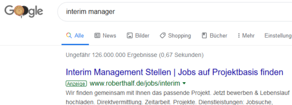 126 000 000 Ergebnisse bei Google Suche auf Interim Manager