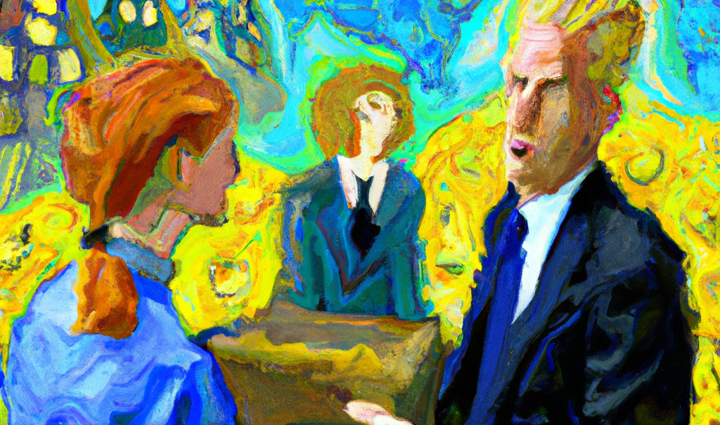 Ein interim manager spricht zu Männer und Frauen über Technologie-Trends in Van Gogh Stil