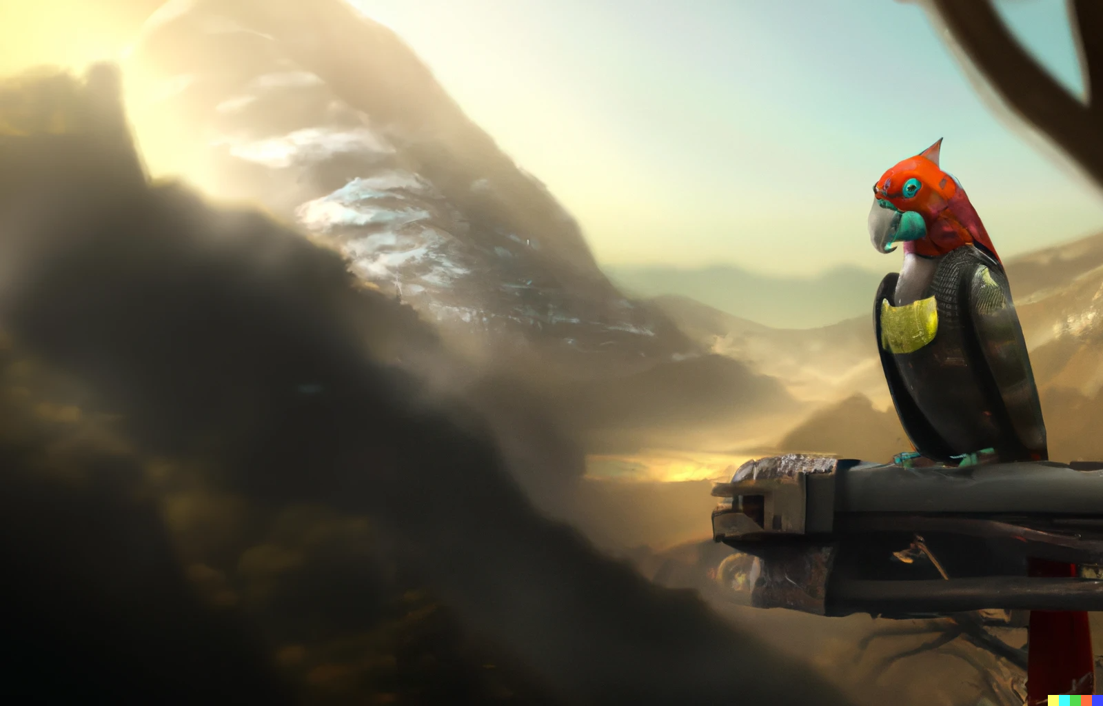 Dall-E Bild: A Robot Parrot in a mountainous environment