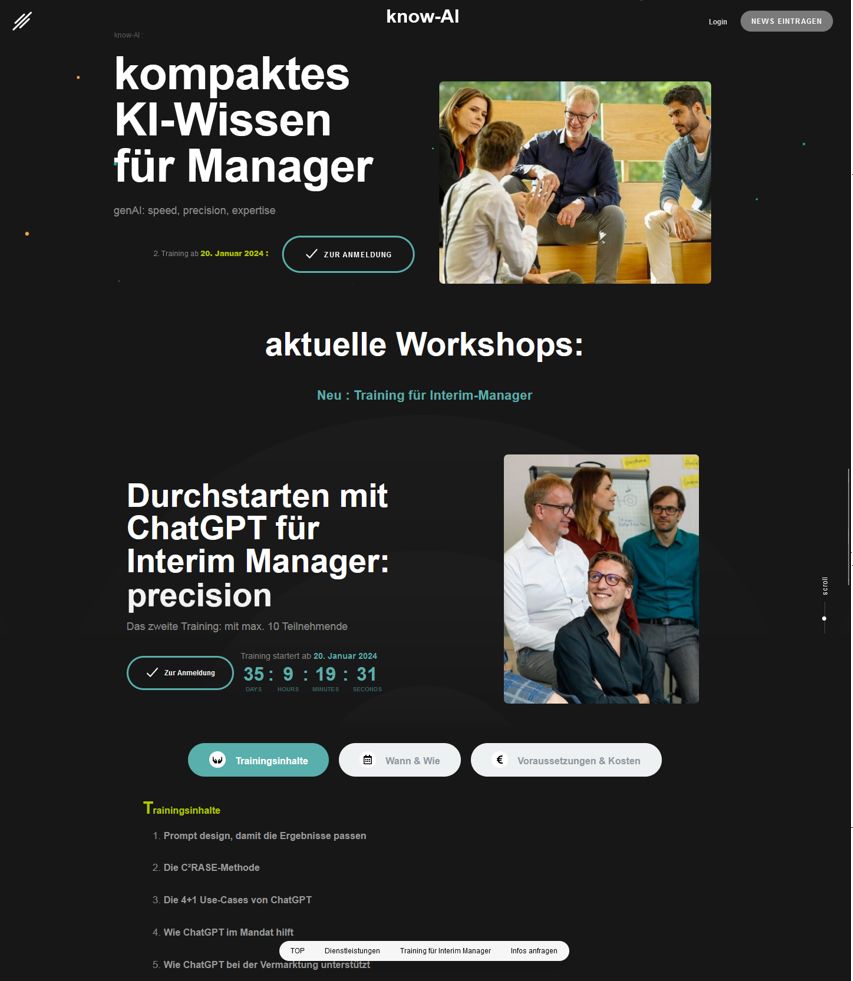 know-AI.de Homepage Screenshot: Text = kompaktes KI-Wissen für Manager aktuelle Workshops